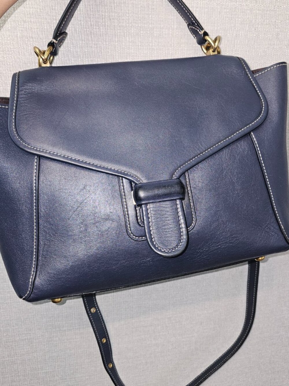 Coach Courier Carryall Handbag in Midnight Navy Leather with White Stitching